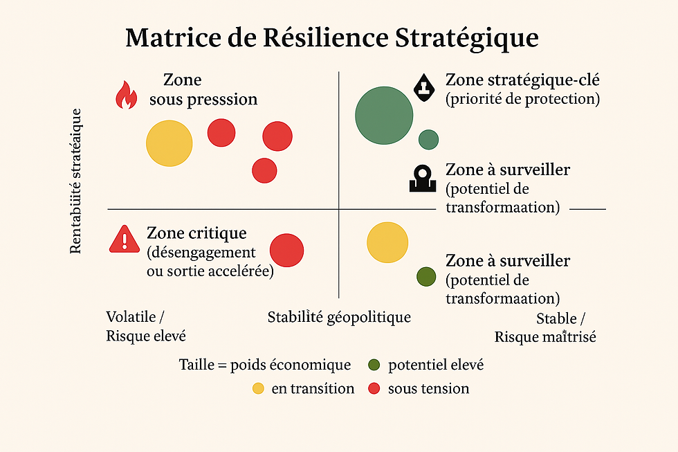 Graphique en matrice 2x2 permettant de positionner les unités géographiques ou métiers d’un groupe international selon deux critères : rentabilité stratégique et stabilité géopolitique. Utilisation de bulles colorées pour illustrer les zones à renforcer, sécuriser ou désengager.