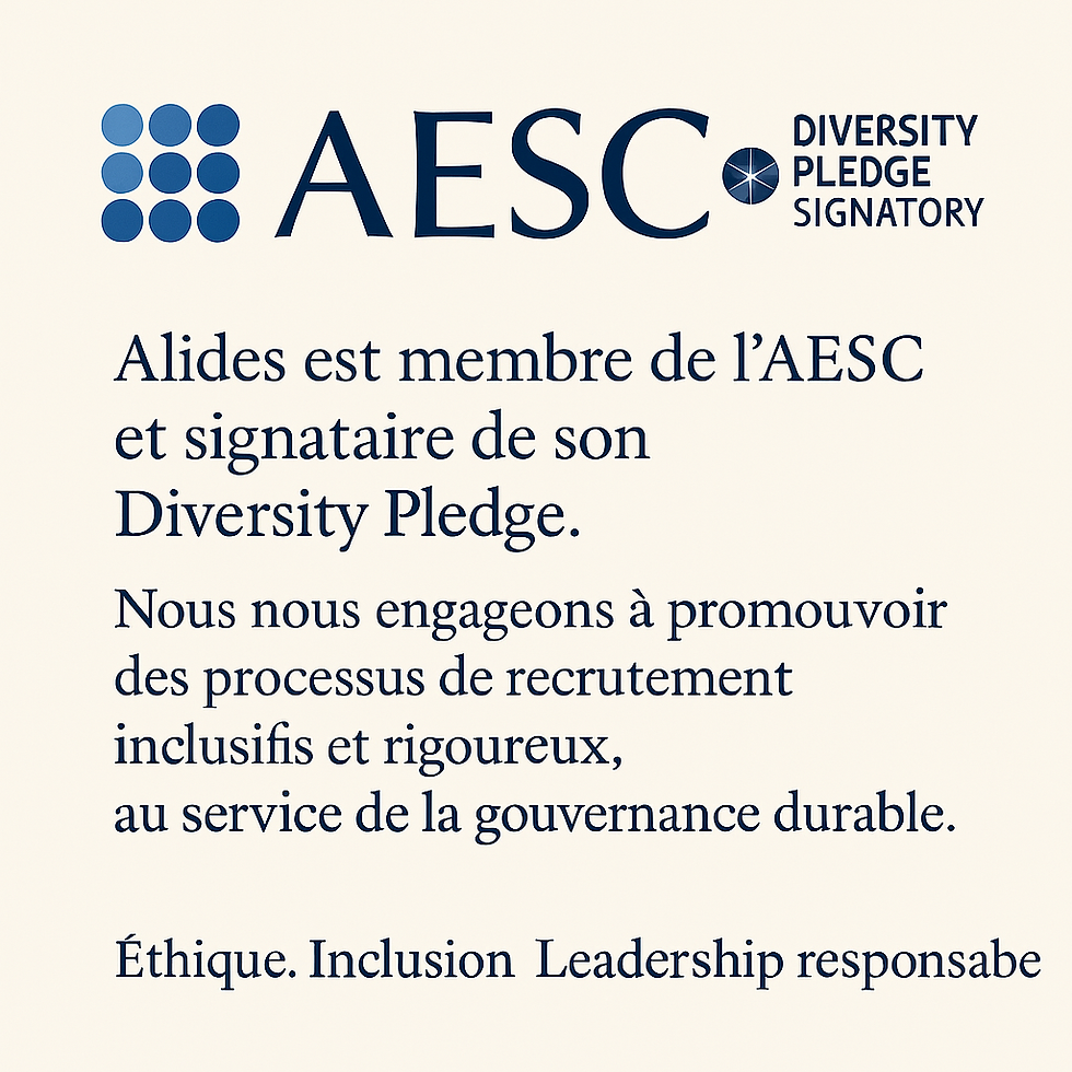 Visuel avec le logo AESC et la mention ‘Diversity Pledge Signatory’. Texte affirmant l’engagement d’Alides pour des recrutements inclusifs et éthiques.