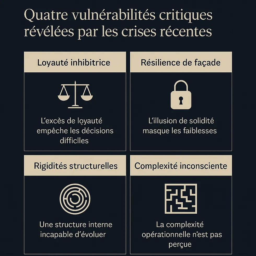 Infographie premium illustrant quatre vulnérabilités organisationnelles révélées par les crises : loyauté inhibitrice, résilience de façade, rigidités structurelles et complexité inconsciente. Chaque quadrant met en scène un pictogramme discret et une brève description sur fond bleu nuit et beige élégant.