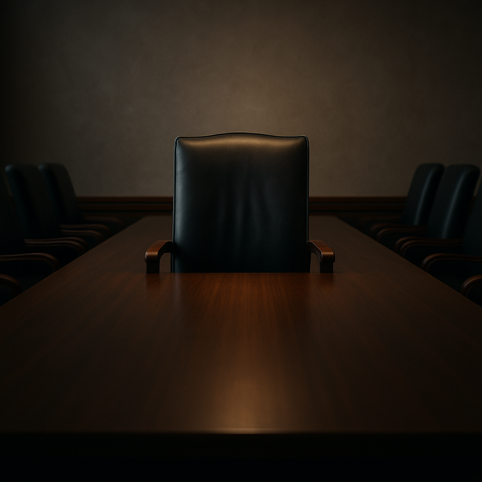Fauteuil vide au centre d’une salle de conseil, symbolisant la fonction de CEO à pourvoir dans un contexte de succession stratégique. 