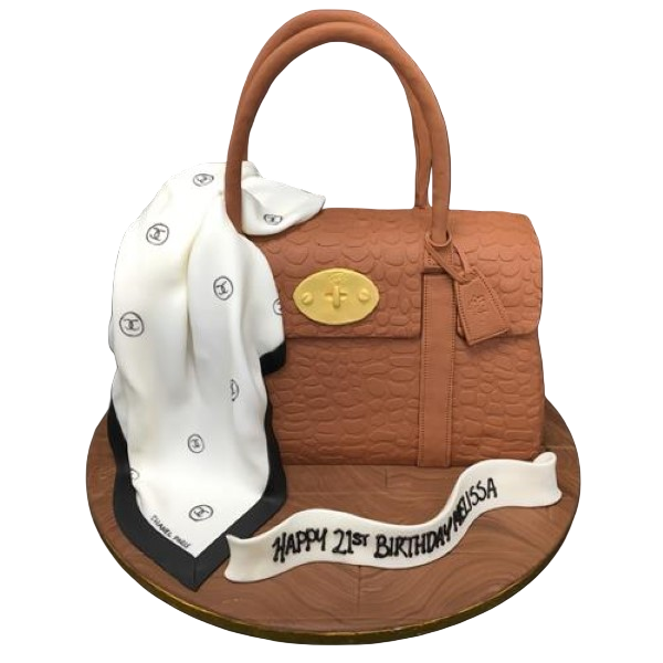 Bespoke 3D mulberry handbag cake with draped scarf detail for celebration in Solihull, West Midlands.