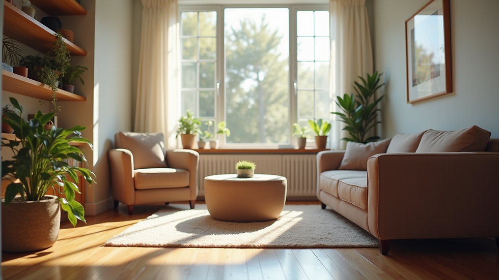 Eye-level view of a cozy counseling room with comfortable seating