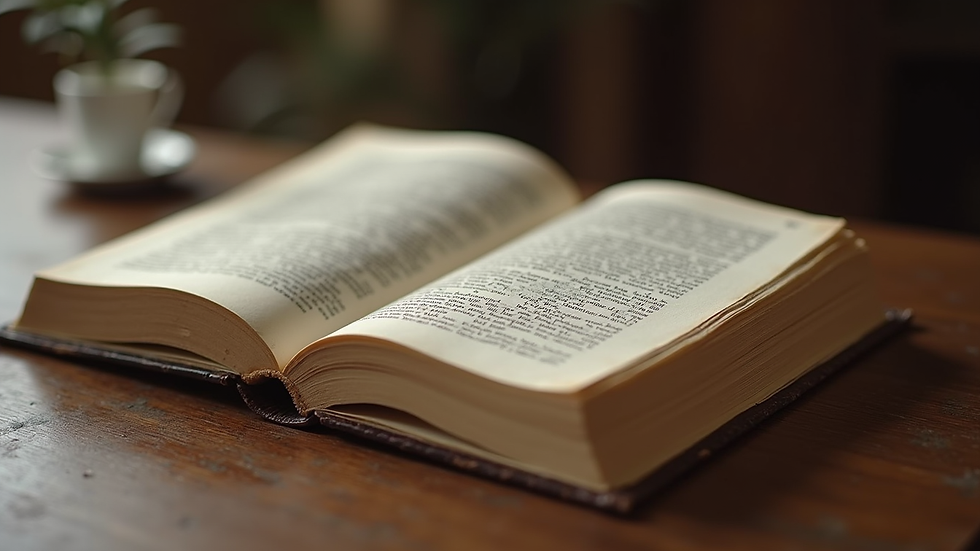 Close-up view of an open ancient philosophy book on a wooden table