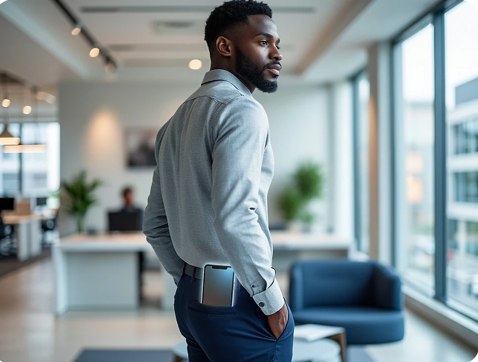 Corporate photography of a man in a modern office, looking away from the camera. A smartphone is clipped visibly to his waistband.