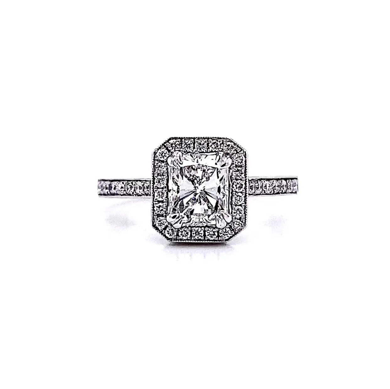 18kt White Gold 1.28ctw Radiant Diamond Pave Style Halo Ring