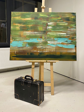 Reise. Maleri 90x120 cm. Gammel koffert.