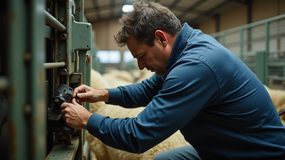 Eye-level view of a technician repairing a sheep shearing machine