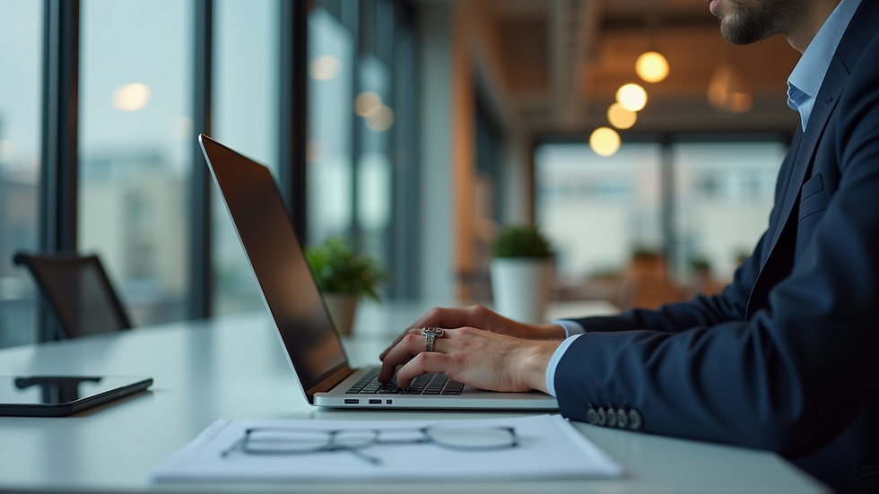 Eye-level view of a person working on a laptop in a modern office