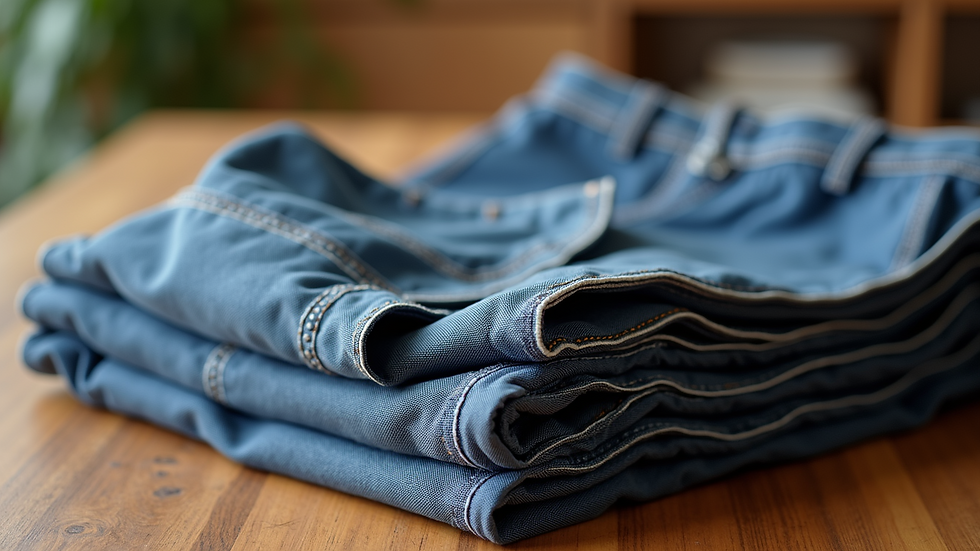 High angle view of folded plus-size pants and tops on a wooden table
