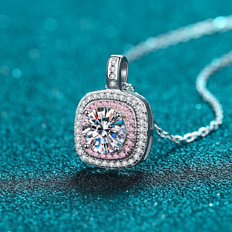 Thumbnail: Pink Moissanite Halo Charm Necklace in 925 Sterling Silver