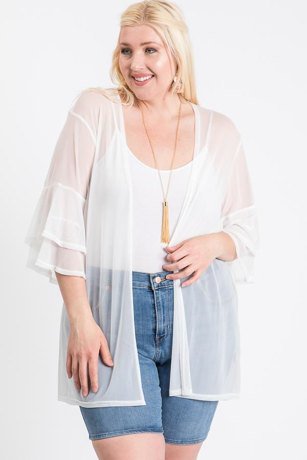 Plus Size Mesh Ruffle Sleeve Wrap in White