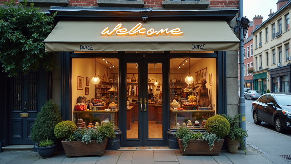 High angle view of a small boutique storefront with welcoming signage