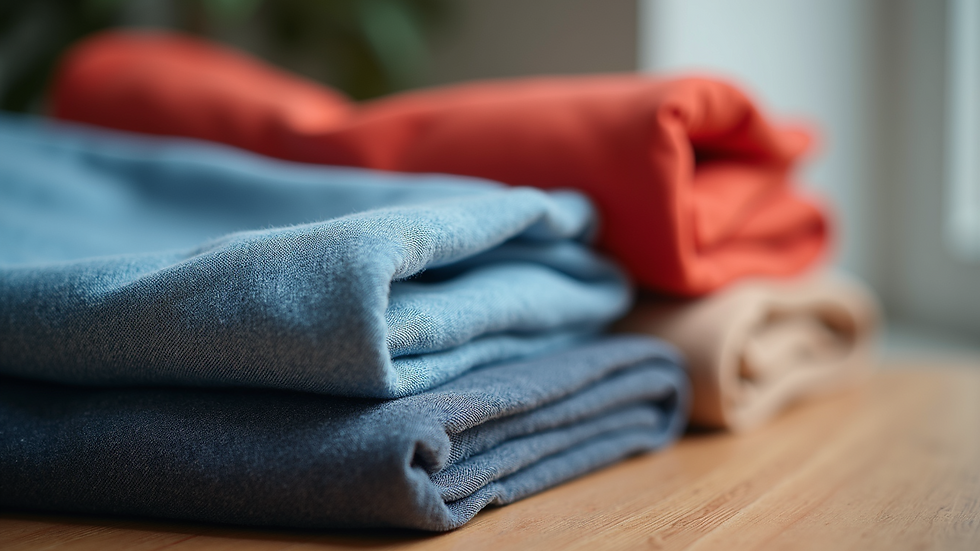 Close-up of folded plus-size clothing in various colors and fabrics