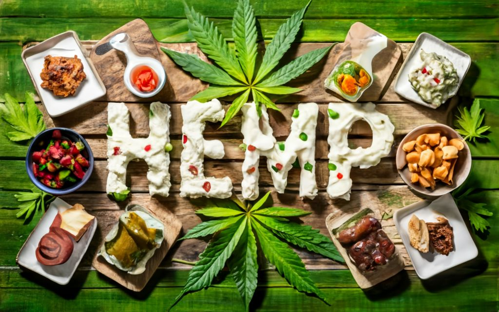 "HEMP" - Text with no tagline. with bottles and bowls, in the cannabis leaf background and Hemp SPREADS & D I P with food items.