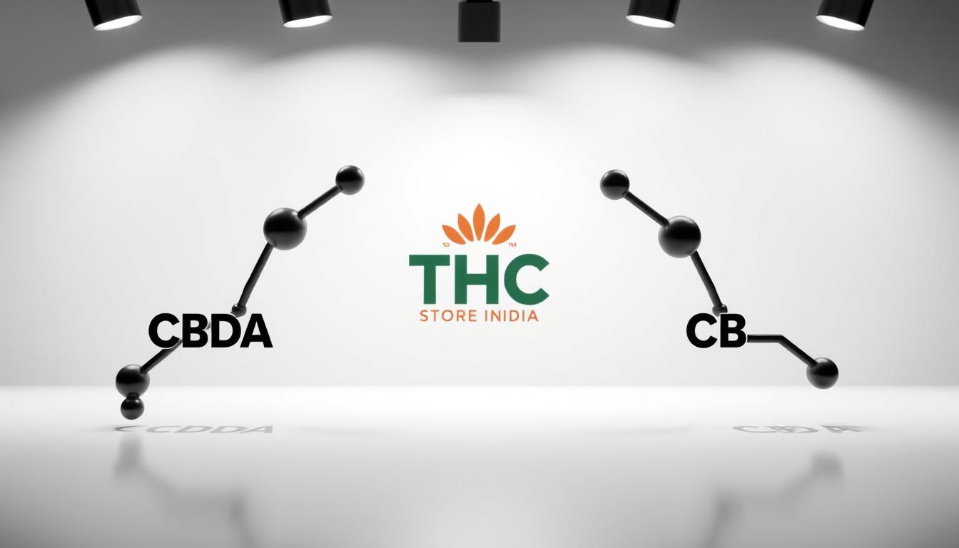 A visually striking comparison of the molecular structures of CBDA and CBD, set against a clean, minimalist background. The foreground features boldly contrasting 3D models of the two compounds, with CBDA's carboxyl group prominently displayed. The middle ground showcases the THC STORE INDIA brand logo, subtly integrated into the design. The background is a soft, diffused gradient, emphasizing the scientific nature of the subject. Dramatic lighting from an overhead source casts sharp shadows, lending depth and dimension to the image. The overall mood is one of clinical precision and educational clarity, befitting the article's informative tone.