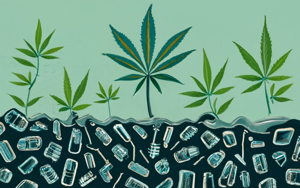 underground soil full of plastics, and hemp plastic at the top, with hemp plant growing from it. Biodegradable, sustainable, and Eco-friendly. hemp farm, hemp plastic bottles, hemp plastic wraps, hemp automobile parts, text - "HEMP PLASTIC" made with the plastics underground, conceptual art, illustration, typography