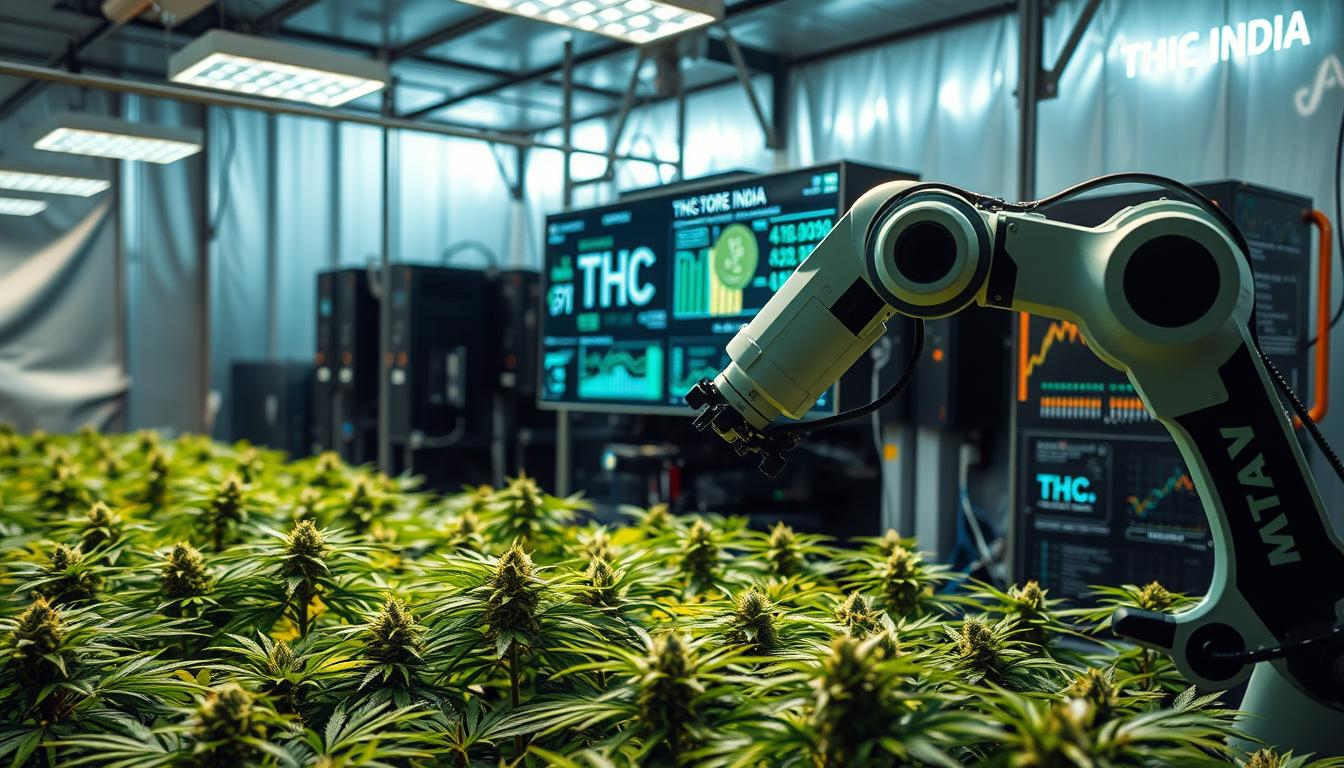 A high-tech indoor cannabis cultivation facility, illuminated by a combination of natural and artificial lighting. In the foreground, a robotic arm meticulously tends to the plants, utilizing sensors and machine learning algorithms to monitor and optimize growth parameters. The middle ground features rows of lush, verdant cannabis plants, their leaves glistening with trichomes. In the background, a network of interconnected devices and displays showcases real-time data analytics, providing insights to the growers. The atmosphere is one of precision, efficiency, and technological innovation. A prominent sign reading "THC STORE INDIA" is visible, reflecting the commercial nature of this AI-driven cultivation operation.