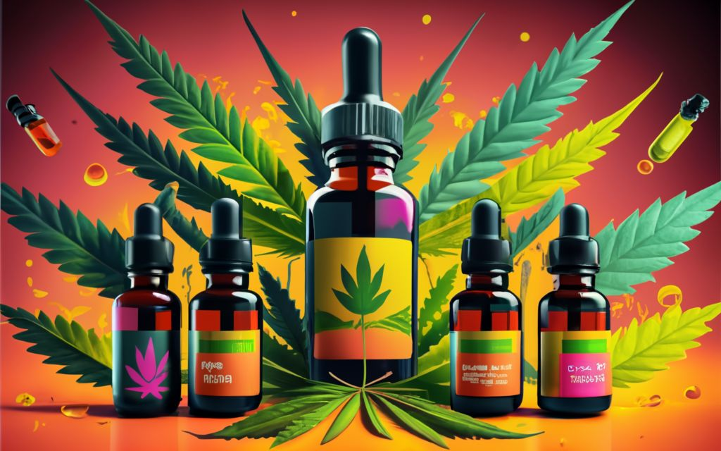 Vijaya leaf Extract, Cannabis leaf background with multiple tinctures bottles, and Vijaya leaf Extract Bottles., vibrant, conceptual art, illustration, product, typography, Discover the Benefits of Vijaya(Cannabis) Leaf Extract
