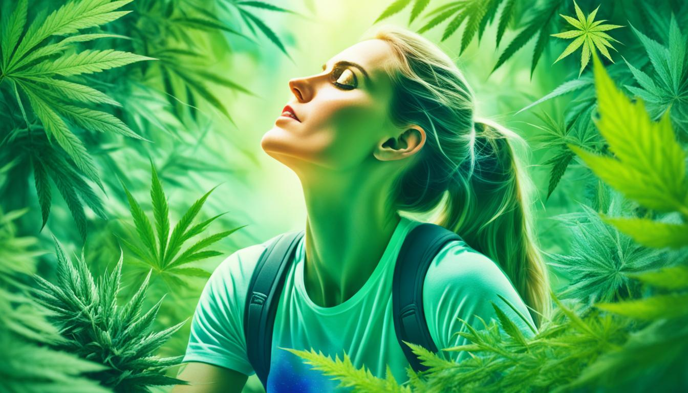 A person experiencing relief from pain after taking CBD oil, depicted through imagery of a calm and peaceful scene. The person should be shown engaging in an activity that was previously difficult due to their pain, such as hiking, playing with their children, or gardening. The surroundings should be nature-themed, with lots of greenery and plants. The focus should be on the person's face and body language, which should convey a sense of relief and happiness. There should also be subtle visual cues, such as a bottle of CBD oil or a cannabis plant in the background, to reinforce the connection between CBD and pain relief.