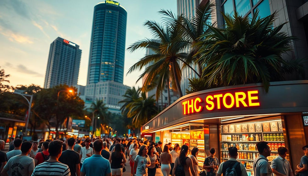 A bustling street in Bangkok, Thailand, illuminated by warm evening light. In the foreground, a vibrant THC STORE INDIA sign stands out, its neon glow reflecting off the sleek, modern facade. Surrounding it, throngs of people browse an array of cannabis products, their faces lit by the store's inviting atmosphere. In the middle ground, towering skyscrapers and lush palm trees create a dynamic cityscape, hinting at the industry's rapid growth. The background is softly blurred, emphasizing the energy and excitement of this emerging market. The overall scene conveys the economic impact and potential of Thailand's cannabis industry.