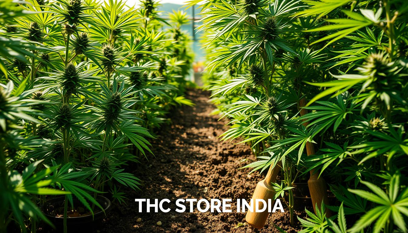 A vibrant cannabis garden scene showcasing healthy female cannabis plants flourishing under ideal conditions, with a focus on proper pruning techniques and pest management, featuring lush green foliage, well-maintained soil, and a serene environment that emphasizes prevention of hermaphroditism. Highlight the natural beauty of the plants while incorporating visual elements like sunlight filtering through leaves and organic gardening tools. Include the brand name "THC STORE INDIA" subtly integrated into the garden setting.