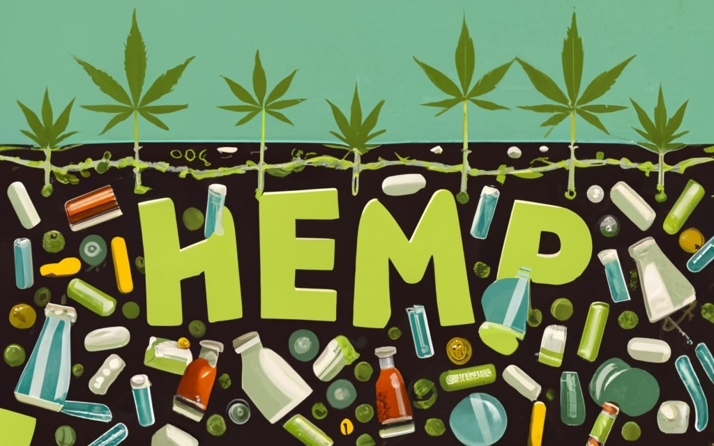 underground soil full of plastics, and hemp plastic at the top, with hemp plant growing from it. Biodegradable, sustainable, and Eco-friendly. hemp farm, hemp plastic bottles, hemp plastic wraps, hemp automobile parts, text - "HEMP PLASTIC" made with the plastics underground, conceptual art, illustration, typography