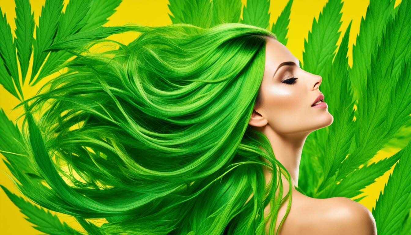 an image of luscious green locks with a hemp oil dropper hovering over them, surrounded by vibrant green and yellow hemp leaves. The model's hair appears longer and stronger, with a healthy shine and bounce. The dropper seems to be pouring nourishment into each strand, highlighting the rejuvenating effects of hemp oil for hair growth.