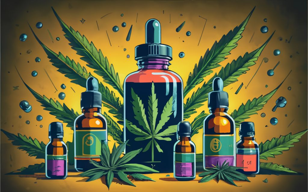 Vijaya leaf Extract, Cannabis leaf background with multiple tinctures bottles, and Vijaya leaf Extract Bottles., vibrant, conceptual art, illustration, product, typography, Discover the Benefits of Vijaya(Cannabis) Leaf Extract