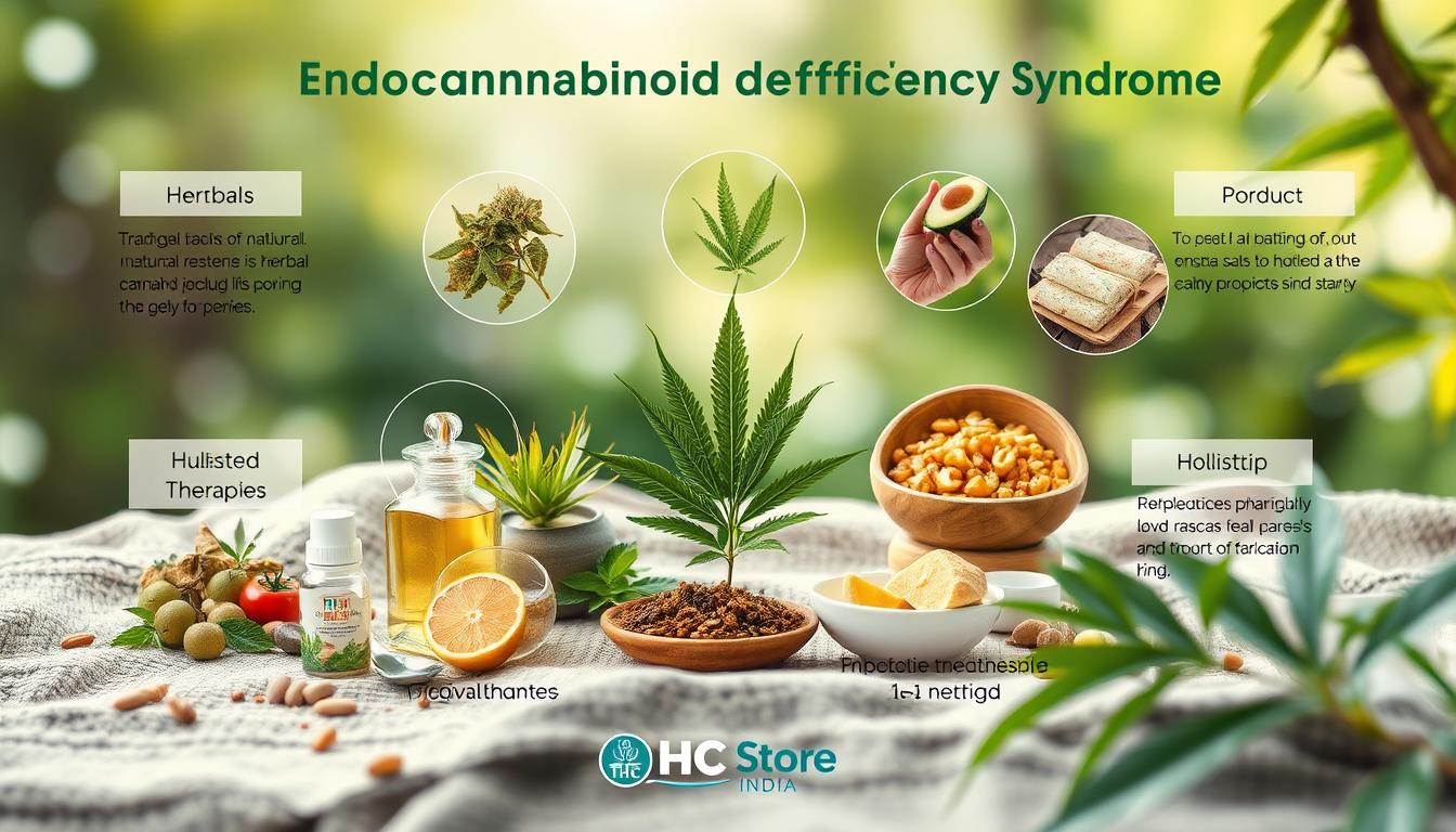 "Visual representation of various treatment approaches for Endocannabinoid Deficiency Syndrome, including natural remedies like herbal plants, cannabis products, balanced diets, and holistic therapies, set in a serene and calming environment, showcasing a harmonious blend of nature and wellness, with a subtle branding element of 'THC Store India'"