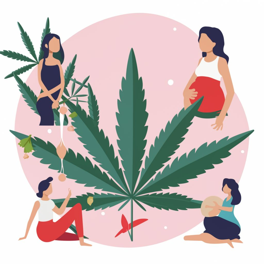 "CBD and Pregnancy" - cannabis leaf in the background. and women arround