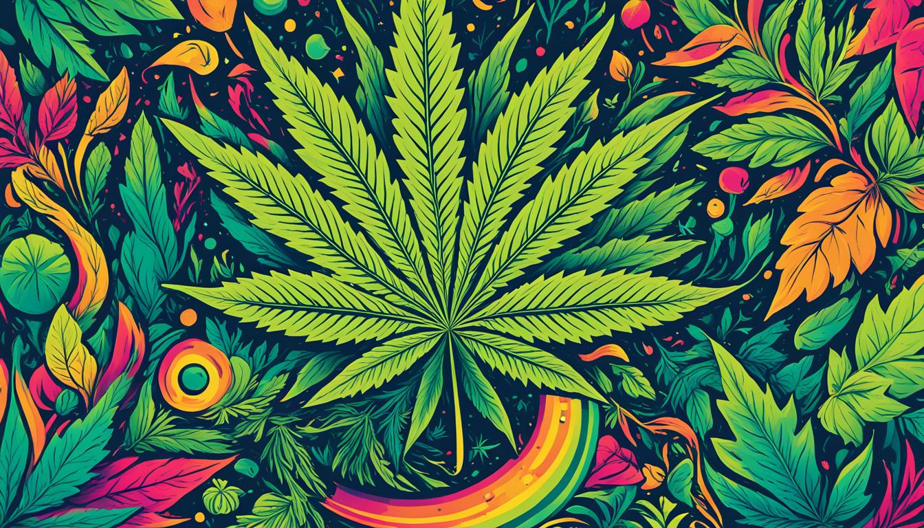 an image that explores the intersection of cannabis legalization and popular culture. Incorporate visually striking elements that highlight the cultural shifts brought about by this shift in legality, such as vibrant colors and bold graphics. Use imagery that is emblematic of both the cannabis industry and popular culture, such as music festivals and fashion trends.