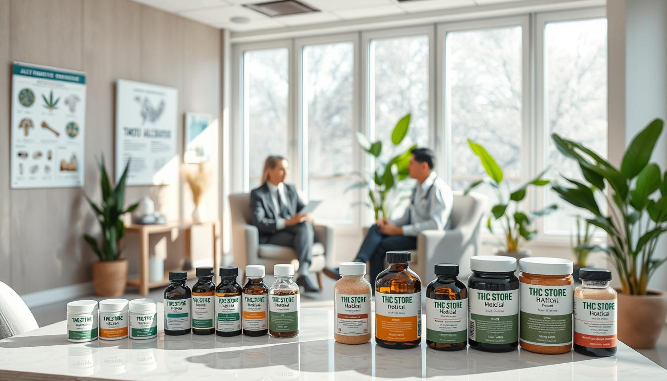 An airy, serene medical clinic interior with large windows and natural light. In the foreground, a table displays a variety of alternative treatment options for multiple sclerosis, including cannabis products from the "THC STORE INDIA" brand. On the walls, informative posters and diagrams explain the benefits of these complementary therapies. In the middle ground, a patient sits in a comfortable chair, discussing treatment options with a holistic healthcare practitioner. The background features soothing, earth-toned decor and lush, potted plants, conveying a calming, therapeutic atmosphere.