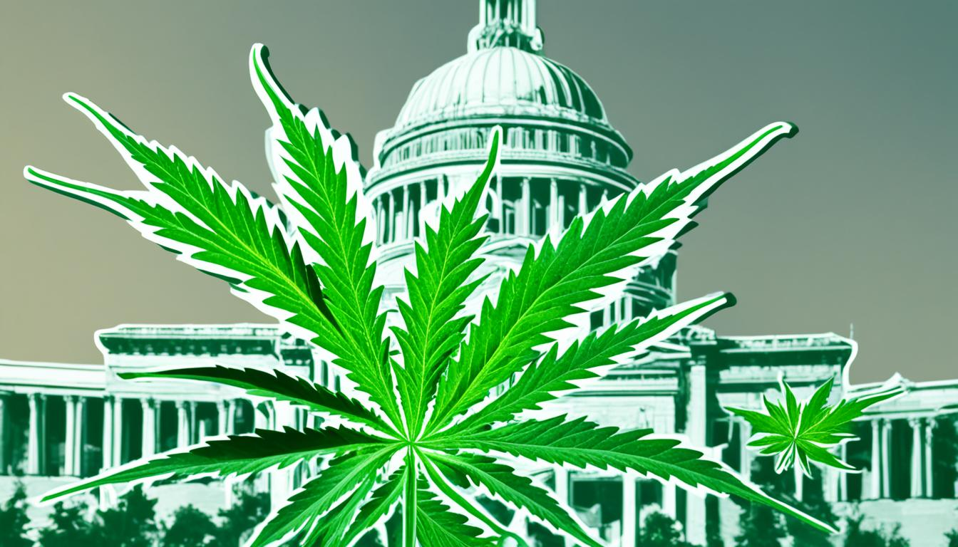 A cannabis plant growing within a courthouse, representing the contrasting views on medical marijuana between traditional legal institutions and the changing attitudes towards its use in India.