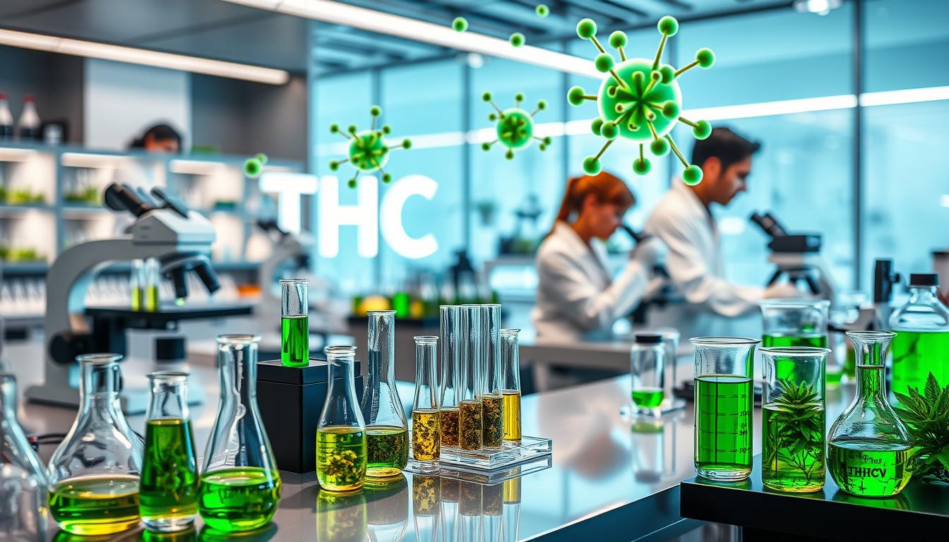 "THC STORE INDIA, a modern laboratory setting focused on cannabis research, featuring sleek workstations with glass beakers and test tubes filled with vibrant green cannabis extracts, scientists examining THCV compounds under microscopes, abstract molecular structures floating in the background, a bright and innovative atmosphere."