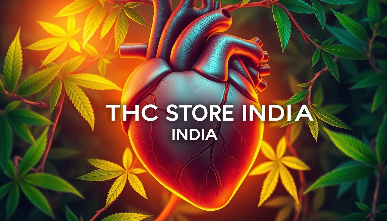 a highly detailed digital illustration of a healthy human heart surrounded by glowing green leaves and vines, with the text "THC STORE INDIA" displayed prominently in the center; the heart is depicted with a vibrant, saturated color palette, with intricate details showcasing the structure and function of the organ; the leaves and vines create a lush, natural frame around the heart, symbolizing the connection between heart health and hemp-based nutrition; the scene is lit by a warm, golden light from the top left, casting soft shadows and highlights to enhance the depth and dimensionality of the composition; the overall mood is one of vitality, wellness, and the power of plant-based remedies to support cardiovascular well-being