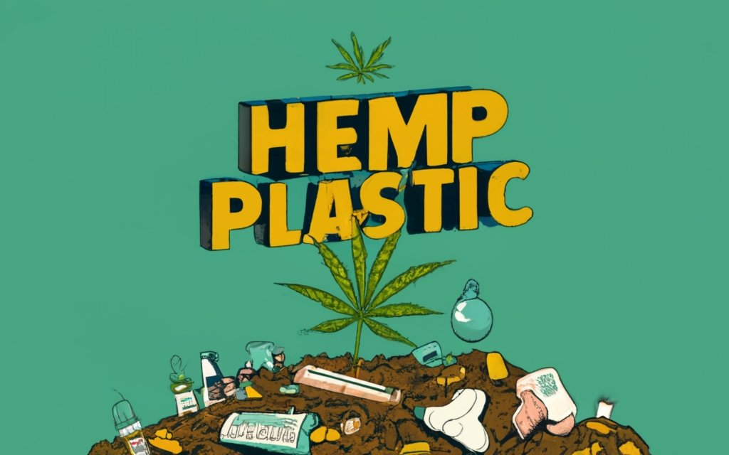 underground soil full of plastics, and hemp plastic at the top, with hemp plant growing from it. Biodegradable, sustainable, and Eco-friendly. hemp farm, hemp plastic bottles, hemp plastic wraps, hemp automobile parts, text - "HEMP PLASTIC" made with the plastics underground, conceptual art, illustration, typography