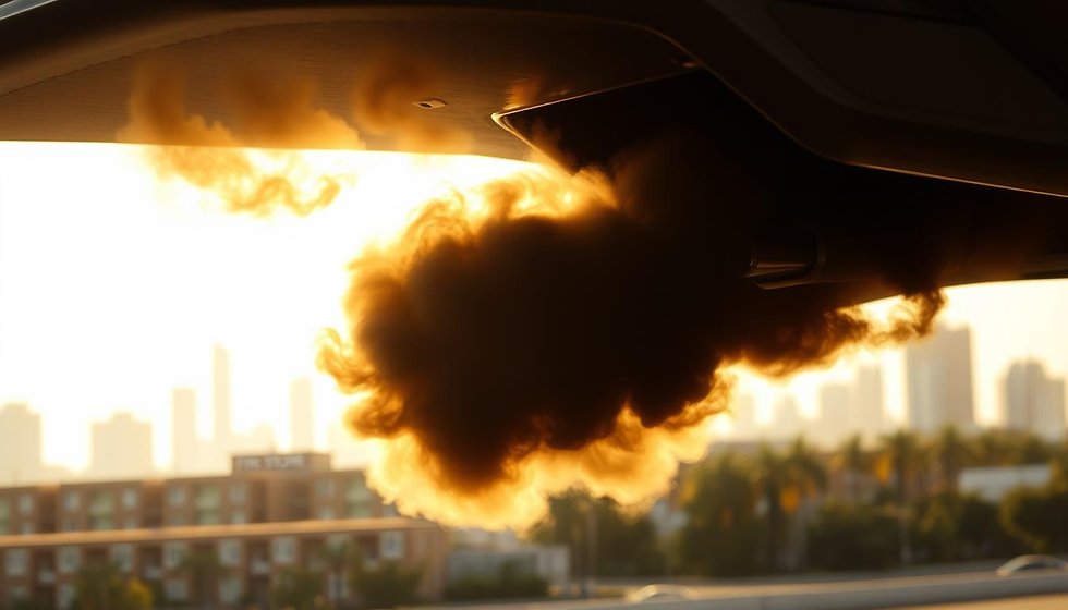 A billowing cloud of dark exhaust fumes, pouring out from the tailpipe of an automobile, against a backdrop of an urban cityscape. The scene is bathed in warm, golden afternoon light, creating a hazy, atmospheric effect. In the foreground, the tailpipe is prominently featured, its chrome exterior gleaming. The middle ground showcases a row of buildings, their windows reflecting the sunlight. In the distance, a skyline of skyscrapers and high-rises can be seen, hinting at the larger metropolitan environment. The overall mood is one of environmental concern, with the thick, polluting emissions contrasting against the otherwise picturesque urban landscape. Prominently displayed on the vehicle is the brand &amp;quot;THC STORE INDIA&amp;quot;.