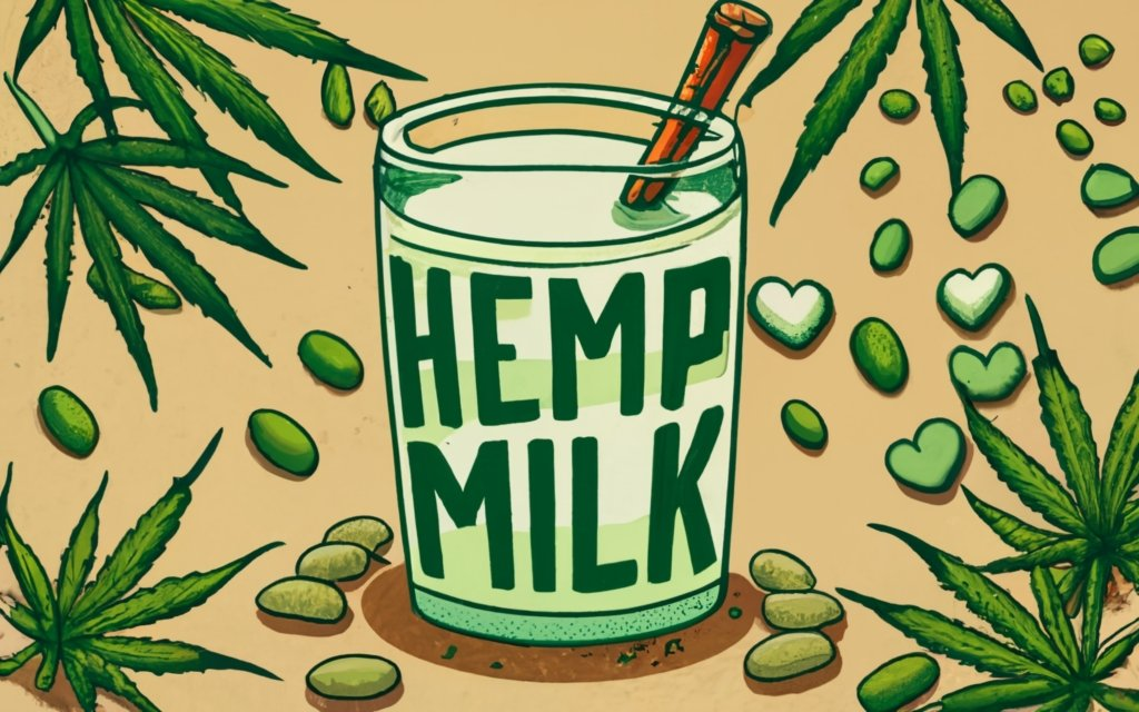 create an image of a Glass of hemp milk, with a bowl of hemp seeds, a bowl of hemp hearts, hemp leaves around in the background, with a title - "HEMP MILK" in the center. , typography, 3d render, conceptual art, illustration