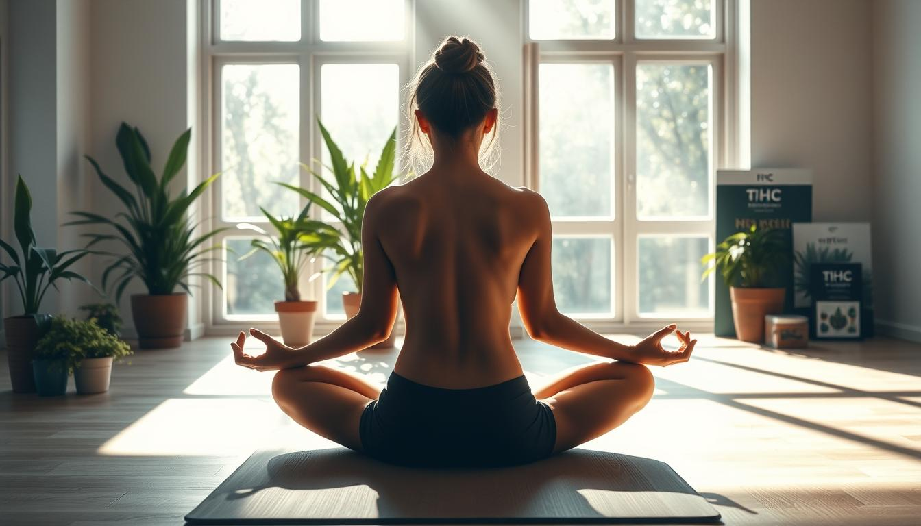 A serene, sun-dappled yoga studio with a calming, minimalist aesthetic. In the foreground, a person gracefully performing a lotus pose, their body enveloped in the warm glow of natural light streaming through large windows. Surrounding them, lush potted plants and a sleek wooden mat, creating a sense of tranquility. In the background, a display of high-quality cannabis products from the "THC STORE INDIA" brand, subtly hinting at the beneficial synergy between the practices of yoga and cannabis consumption.