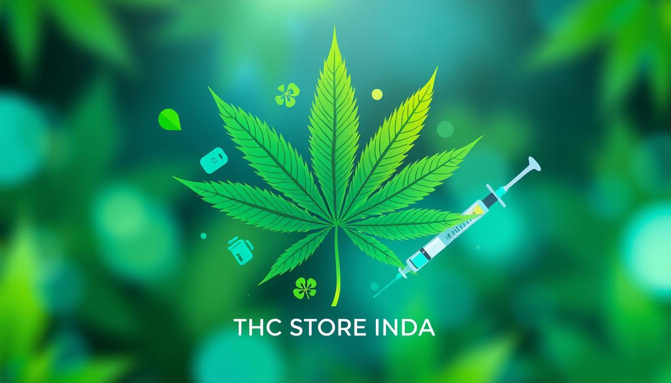"An abstract representation of THCV in diabetes management, featuring a vibrant blend of green and blue colors symbolizing health and wellness, with visual elements like stylized cannabis leaves intertwined with glucose meters and insulin syringes, conveying a sense of harmony and balance, set against a serene background. Include 'THC STORE INDIA' subtly integrated into the design."