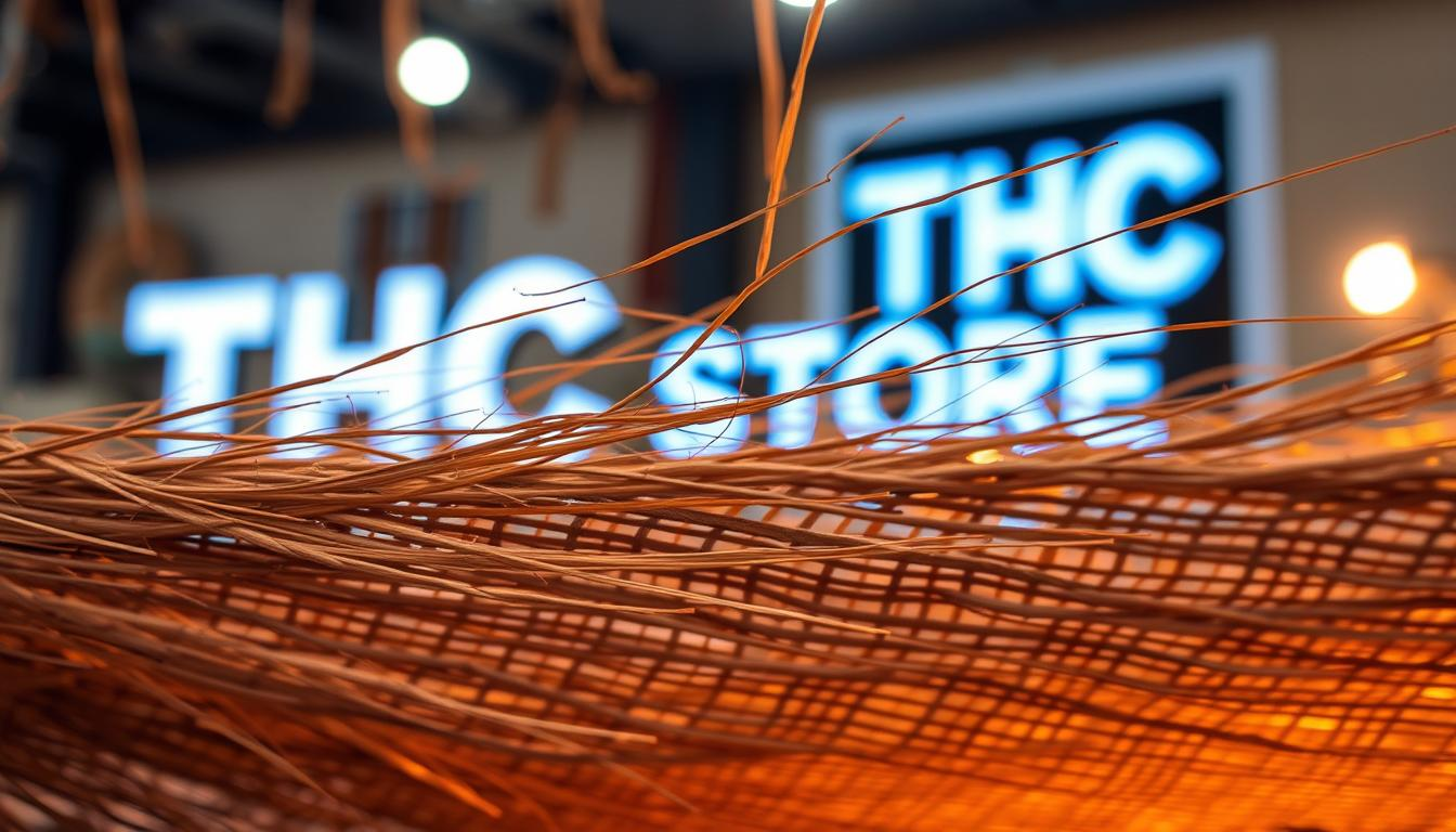 A finely woven tapestry of hemp fibers, their natural earthy tones shimmering under warm, diffused lighting. The fabric's intricate texture is visible, each strand interlacing to form a sturdy, durable cloth. In the background, a THC STORE INDIA sign adds a subtle touch of modernity, hinting at the industry's evolution. The scene conveys a sense of tradition, sustainability, and the promising future of hemp textiles blending with India's rich textile heritage, like Khadi and silk.