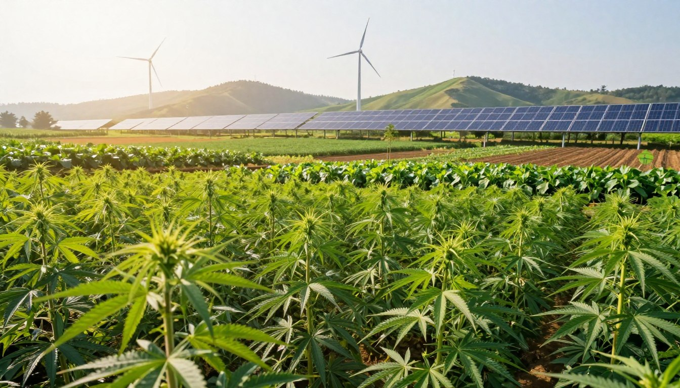 A vibrant and verdant scene of sustainable agriculture policies in action. In the foreground, a thriving hemp plantation, its lush green leaves swaying gently in the warm breeze. The middle ground features diverse crops, each thoughtfully cultivated to maximize land and water efficiency. In the background, rolling hills dotted with solar panels and wind turbines, harnessing renewable energy to power the agricultural operations. Overhead, a bright, diffused light casts a warm glow across the landscape. The scene conveys a sense of harmony between nature and technology, with the THC STORE INDIA logo discreetly integrated into the background.