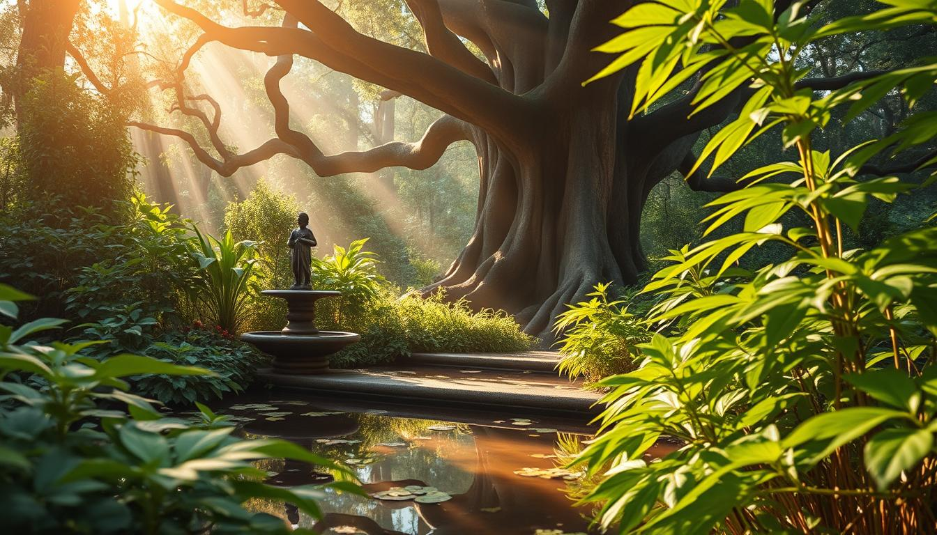 A serene and lush Ayurvedic garden filled with vibrant green bhang plants, sunlight filtering through ancient trees, and a tranquil water feature nearby, symbolizing rejuvenation and holistic wellness. Ethereal elements like herbal ingredients and mystical symbols of rejuvenation subtly integrated into the scene. The atmosphere exudes calmness and vitality, embodying the essence of traditional Rasayana practices. --v 5 --ar 16:9 --chaos 30 --style 4a --quality 2 --no text --THC Store India
