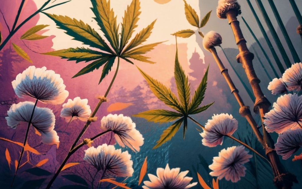 This visually stunning image divides into three sections, artfully showcasing the rugged texture of hemp leaves, the softness of bursting cotton bolls, and the graceful sway of bamboo stalks. Set against a serene botanical garden bathed in warm sunlight, it blends photography with 3D rendering, with subtle typography, creating a tranquil and natural masterpiece of conceptual art and illustration.