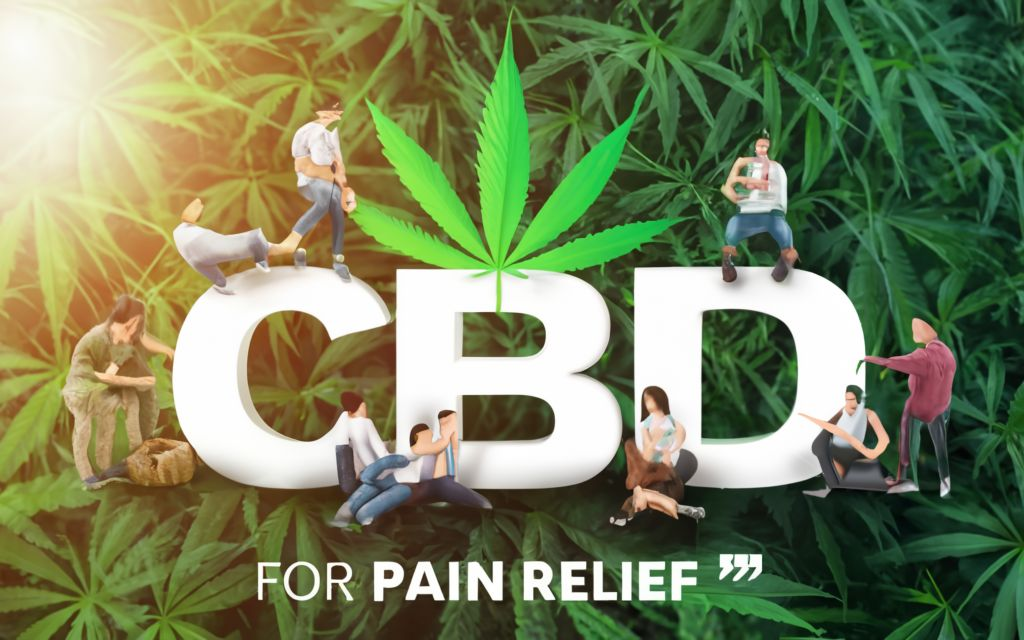title _ "CBD FOR PAIN RELIEF " - And show people around suffereing from pain. backgorund full of hemp leaves. 5 people around pointing towards the leaf of the cannabis plant, 3d render, typography, conceptual art