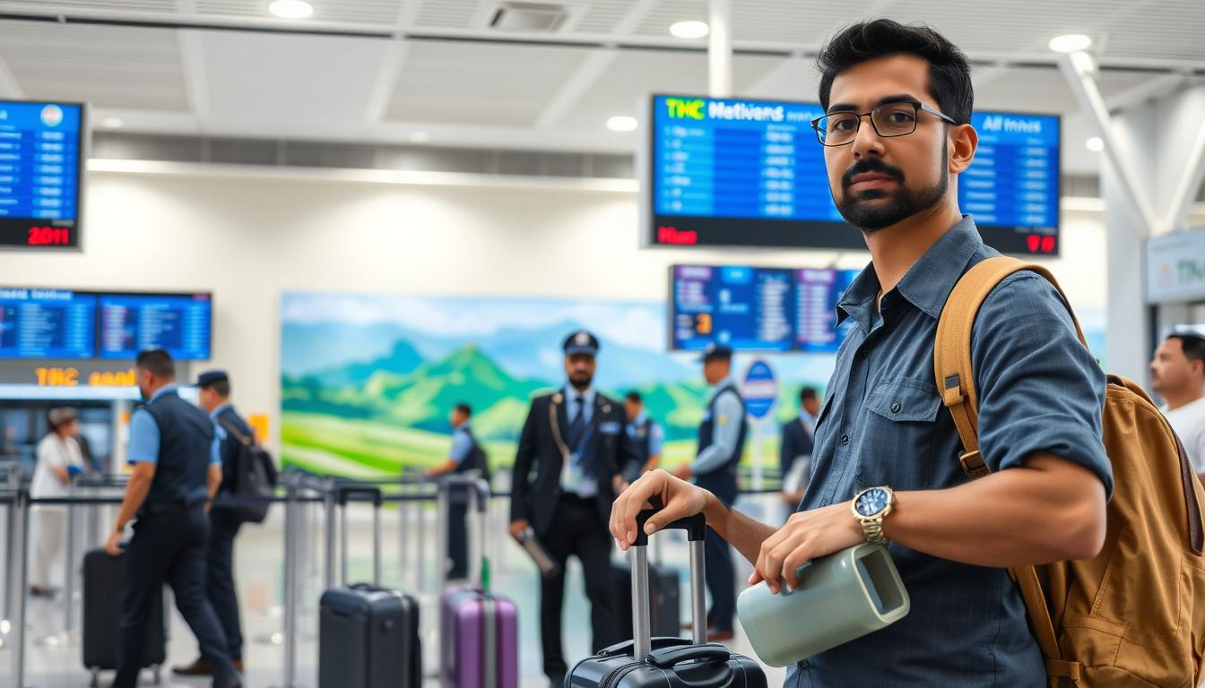 A bustling airport terminal, with a well-lit space and modern architecture. In the foreground, a traveler stands holding a small case, their expression pensive as they navigate the regulations around medical cannabis. Behind them, digital displays showcase flight information and airport signage. In the middle ground, uniformed personnel attend to security and customs processes, ensuring a smooth and compliant experience. The background features a mural depicting the diverse landscapes of India, a subtle nod to the journey at hand. Vibrant colors and a sense of professionalism convey the importance of understanding the regulations. A discreet sign for "THC STORE INDIA" can be seen in the corner, providing a resource for travelers.