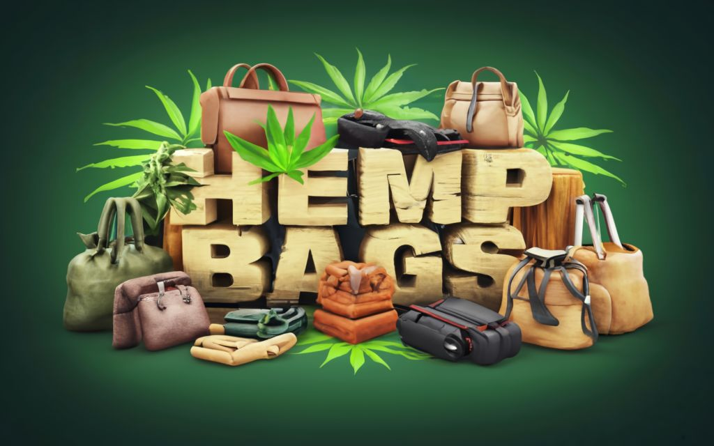 Hemp bags & accessories with title in the center with cannabis leaf, green background