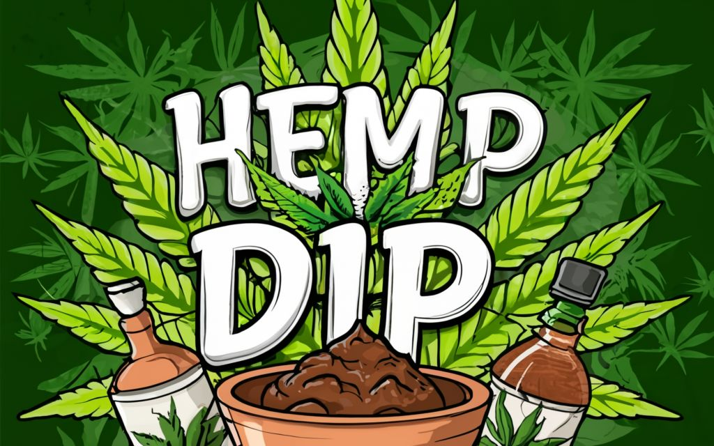 "HEMP DIP " - Text with no tagline. with bottles and bowls, in the cannabis leaf background and Hemp SPREADS & DIP with food items.