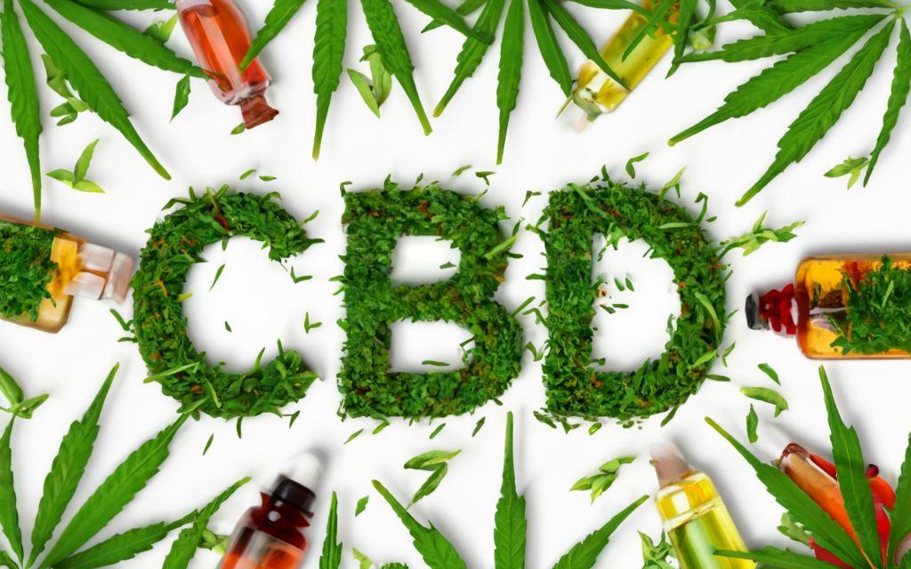 typograpgy TITLE IN THE CENTER _ "CBD ". Cannabis leaf background, no sticker/label on bottles. products. bottle is bigger in size than people. ayurvedic medicines all around in the image. long shot, conceptual art, 3d render, typography, vibrant, illustration, poster, painting, fashion, product