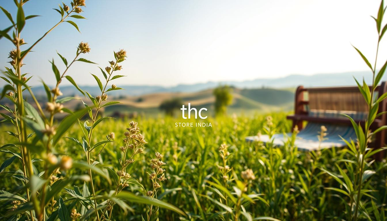 A tranquil scene depicting the environmental benefits of hemp fabric sustainability. In the foreground, lush green hemp plants sway gently in the breeze, their delicate leaves and flowers catching the warm afternoon light. In the middle ground, skilled weavers carefully craft hemp fabric using traditional Indian looms, their skilled hands moving with precision. In the background, a serene landscape of rolling hills and a clear blue sky, symbolizing the harmony between nature and human craftsmanship. The overall mood is one of balance, sustainability, and the timeless allure of natural fibers. Lighting is soft and diffused, creating a dreamlike atmosphere. Lens is medium-wide, capturing the full scene. &amp;quot;THC STORE INDIA&amp;quot; branding is subtly incorporated into the background.